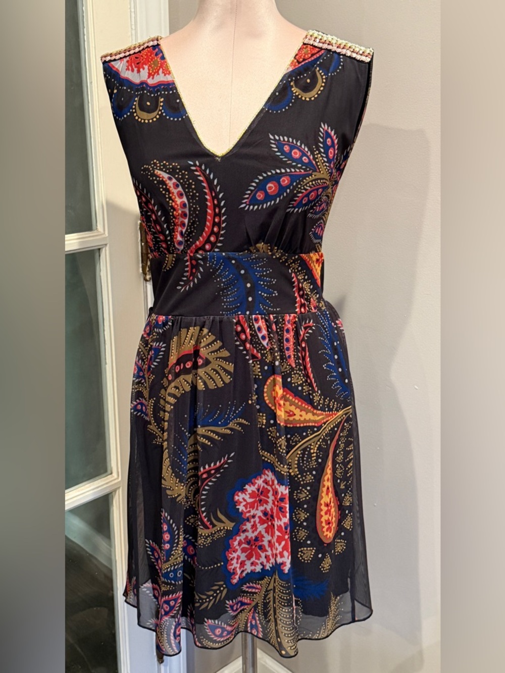 Desigual Black Multicolor Paisley V-Neck Mini Dress - Picture 2 of 8